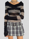 Peneran back to school Striped Print Y2k Sweater Women Long Sleeve Slim V Neck Knit Jumpers Casual Aesthetic Pulloves Streetwear