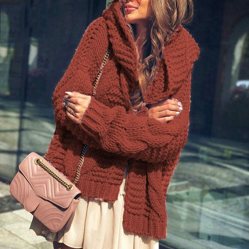Christmas Gift Loose Oversized Women Hooded Sweater Cardigan Autumn Winter Elegant Fashion Warm Solid Knitted Tops Knitwear Outwear