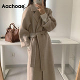 Women Elegant Long Wool Coat With Belt Solid Color Long Sleeve Chic Outerwear Ladies Drop Shoulder Overcoat 2021 1119