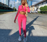 Christmas Gift  Finger Hole Solid Sporty 2 Piece Set Women Zipper Skinny Crop Top Leggings Autumn Casual Outfit Fitness Workout Sportswear