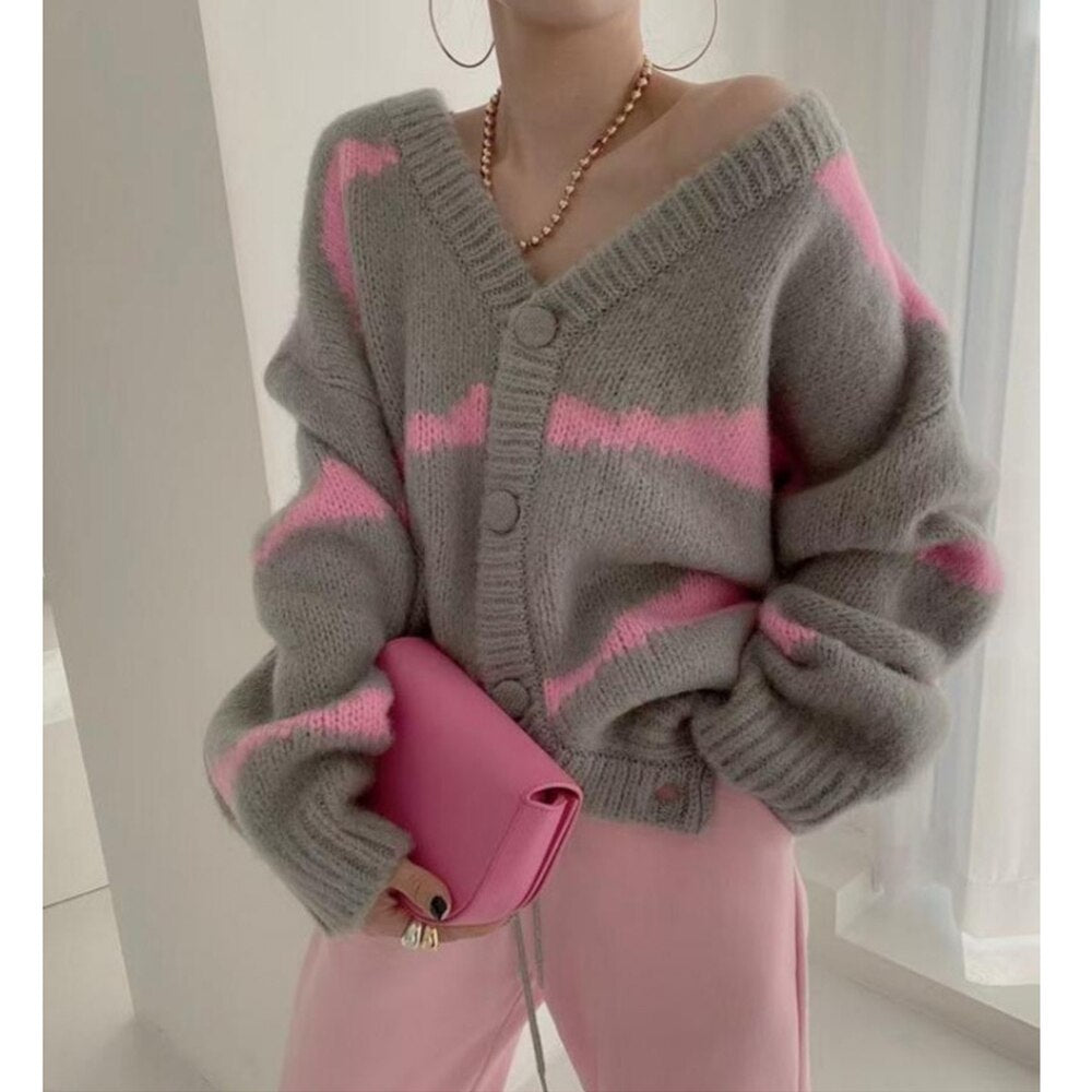 Christmas Gift Cardigan Knitted Sweater Women Autumn Winter Patchwork Striped Vintage Casual Y2k Fashion Pullovers Jumpers