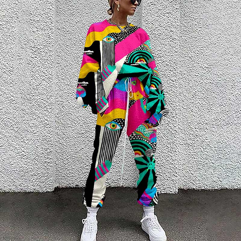 Christmas Gift Women Tracksuit Two Piece Pullovers Cloting Long Sleeve Tie-dye Print Female Tops And Elastic Waist Pants Slim Casual Streetwear