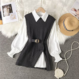 PENERAN Fall Winter Clothes Women 2023 Shirt And Sweater Vest Set With Belt Ribbed Knitted Pullover Sweater Vest Casual Jumper