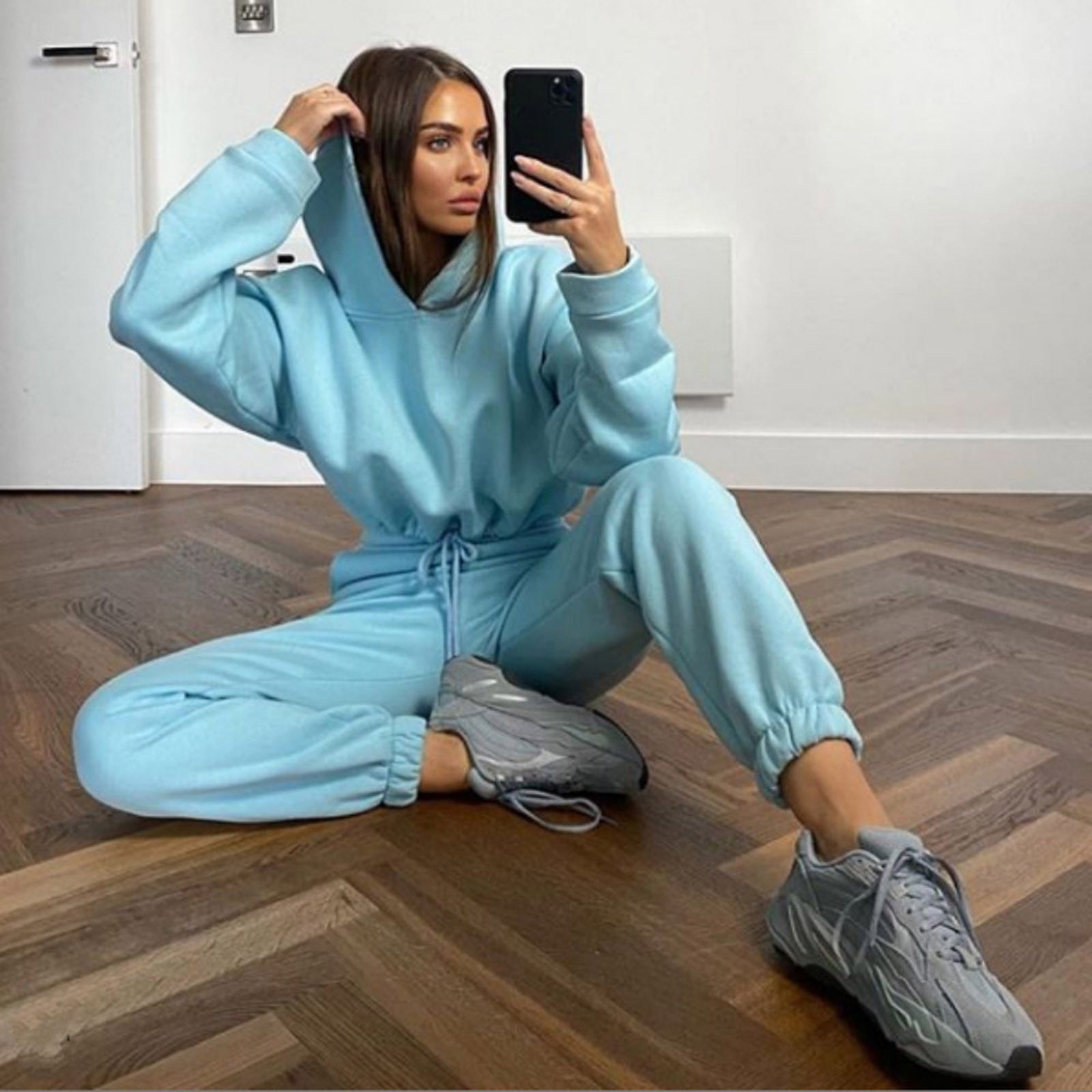 Christmas Gift Women 2 Pieces Set Tracksuit Autumn Solid Long Sleeve Pocket Sweatshirt Pullover Hoodies Top Pant Jogging Sweatpant Suit Outfits