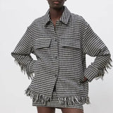 Peneran Christmas Gift  Women Shirts Oversize Houndstooth Jacket coats With Pocket Female Vintage Plaid Jacket Spring Tassel Coat TRF Mujer 2021 New