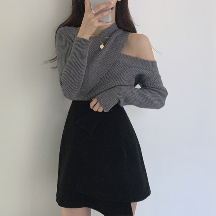 Peneran Winter Spring Women Sweater Knitted Cutout Sexy Off Shoulder Cross Korean Style Wild Warm Lady Tops SW0315