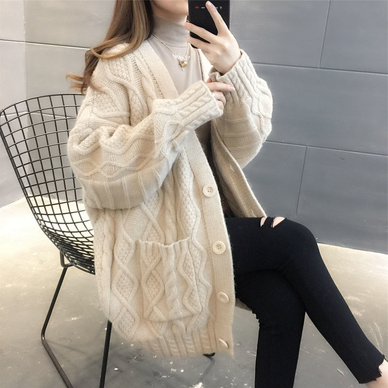 Christmas Gift Cardigan Women Long Warm Solid Six Colors Single Breasted Pockets Comfortable Fashion Korean Style Casual All-match Simple Chic