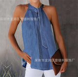 Back to School Fashion Women Summer Solid Color Denim T-Shirts Bandage Design Halter Sleeveless Backless Casual Loose Ploovers Top