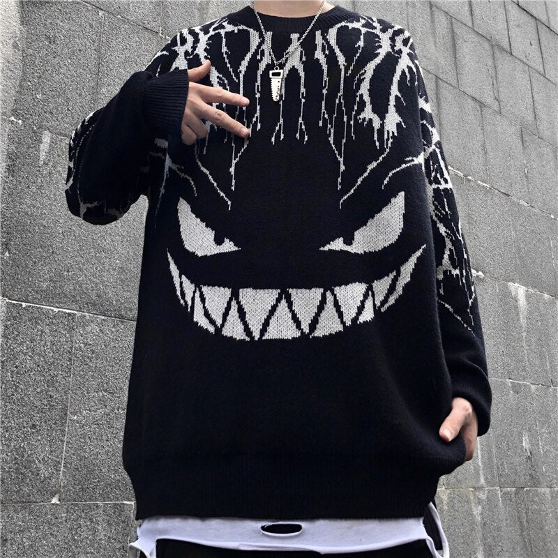 Winter Retro BF Wind Knitted Sweater Jacket Demon Jacquard Ins Trend Dark Top Loose Street Gothic Style Pullover