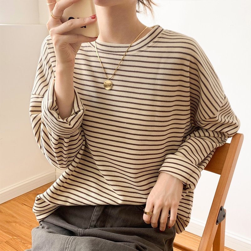 Christmas Gift Striped Loose Knitted Top Women Vintage O Neck Long Sleeve Soft Sweater Korean Style Casual Basic All Match Pullovers Autumn New