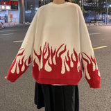 PENERAN Lovers Knit Pullover 2022 Autumn Winter Sweater Female Hip-Hop Style Flame Jacquard Women Fashion O Led Casual Loose Men Sweater