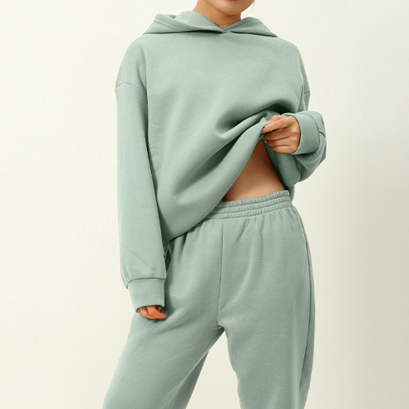 Christmas Gift 2021 New Women Elegant Solid Suits Warm Hoodie Sweatshirts And Long Pant Fashion 2 Pieces Sets Oversized Sweatshirt Tracksuit