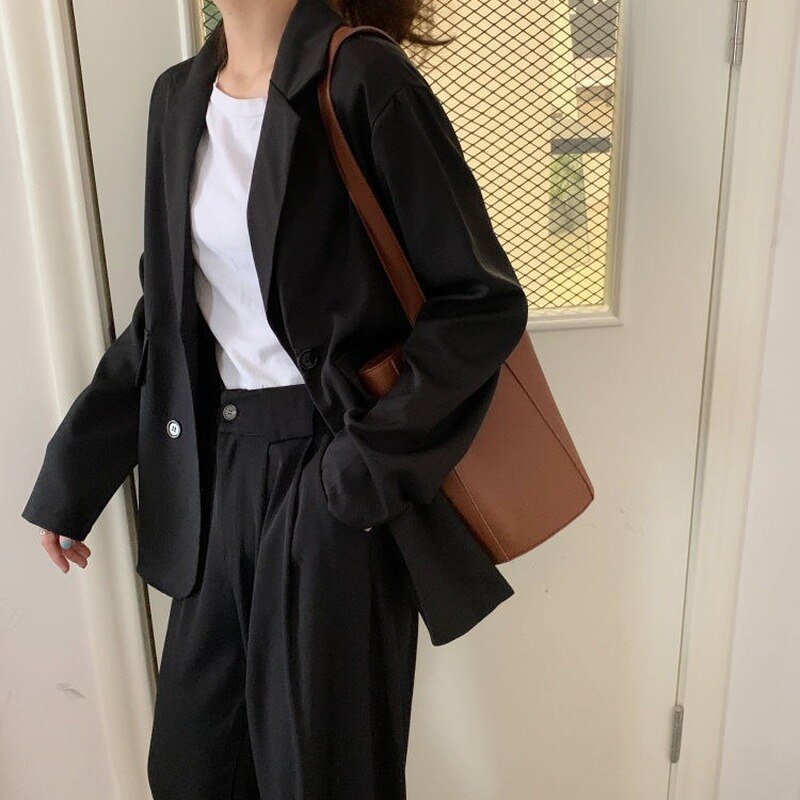 Peneran Women Blazers Casual Long Sleeve Double Breasted Outerwear Loose Notched Elegant Korean Ulzzang Office Ladies Button Blazer Chic