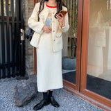 PENERAN Autumn Winter Vintage Tweed Two Piece Set Women Skirt Korean Fashion Jacket Coat + High Waist Long Skirt Sets 2 Piece Suits