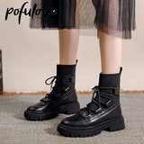 Peneran Autumn Winter Women's Boots Black White Ankle Boots Knit Leather Short Booties Woman Fall Shoes Punk Goth Shoes