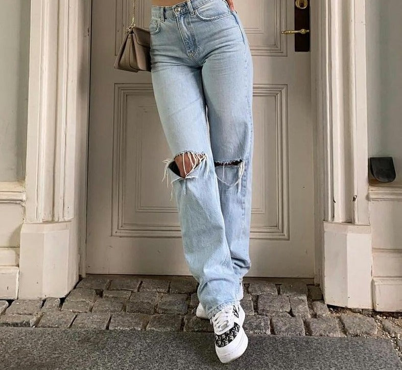 Womens Loose Fit Jeans 2022  Ripped Wide Leg For Women High Waist Blue Wash Casual Cotton Denim Trousers Summer Baggy Jean Pants
