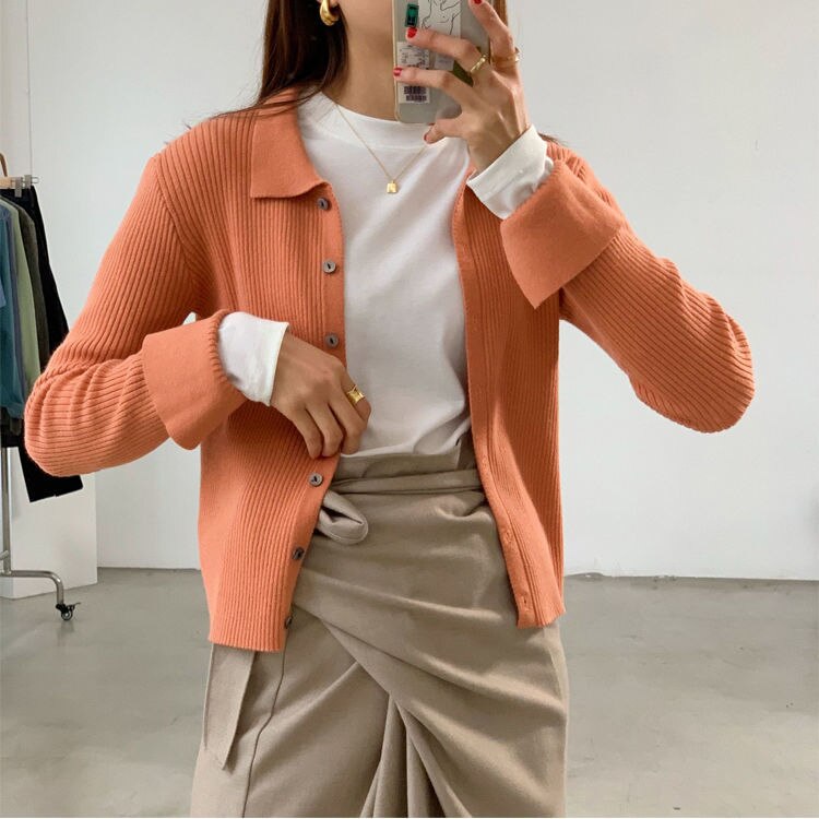 Christmas Gift Woman's Solid Color Knitted Jacket Thin Cropped Cardigan Full Sleeve Blouse Slim Button All-match Base Sweater Spring Autumn Top