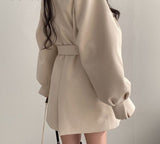 Women Autumn Winter Slim Wool Coats With Belt Lantern Long Sleeve Turn Dwon Collar Outwear Female Chic Elegant Coat