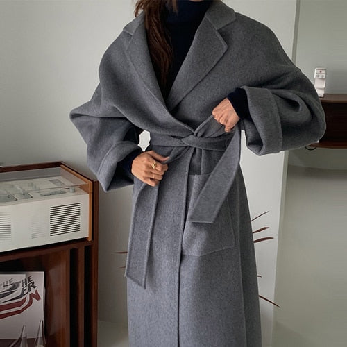 Chic Gray Woolen Long Coat Woman Autumn and Winter Turn-down Neck Wool Jacket Woman Korean Keep Warm Loose Blends Clothing Fall