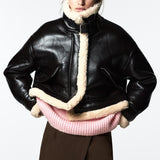 Winter Fleece Jacket Women Faux Shearling Sheepskin Retro Outerwear Coats Female Suede Fur Motorcycle Jackets Coat Woman Tops