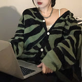 Christmas Gift Vintage Striped Sweater Women Knit Cardigan Sexy V Neck Loose Sweaters Autumn Green Long Sleeve Cardigans Zebra Print Outerwear