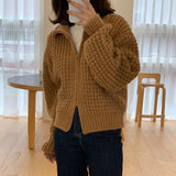 Autumn Winter Vintage Knitted Short Cardigan Sweater Women 2022 Zipper Lapel Collar Full Sleeve Thick Crochet Outerwear