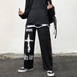 Harajuku Graffiti Print Long Pants Plus Size Woman Man Japanese Dark Goth Punk Hip-Hop Pocket Casual Straight-Leg Pants Trousers