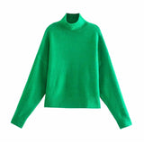 Christmas Gift Za 2021 Green High Neck Knit Sweater Women Fashion Long Sleeve Autumn Sweaters Loose Knitted Tops Streetwear Vintage Pullover