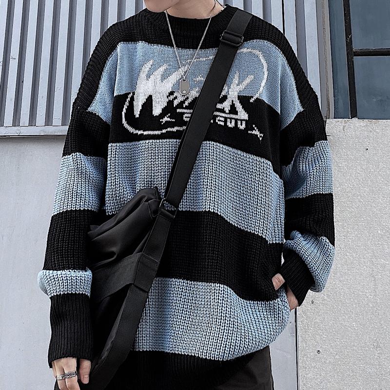 Korean ins retro trend men and women knitted sweater jacket striped letter printing contrast jacquard pullover loose