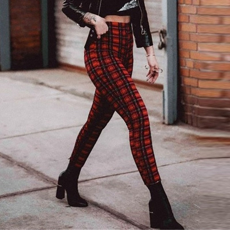Thanksgiving Day Gifts Skinny Pencil Pants Spring Fall Women High Waist Leggings Elastic Fashion Casual Vintage Red Plaid Pants Female Fitness Trousers
