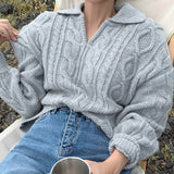 Peneran Retro Women Sweater Pullovers Knitted Casual Solid Autumn Turn-Down Collar Feminine Loose All Match Soft Sweet Tops