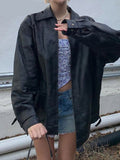 Peneran Autumn PU Leather Coat Women Oversize Long Sleeve Punk Jacket Harajuku Loose Zip Up Black Cardigan Casual 90s Streetwear