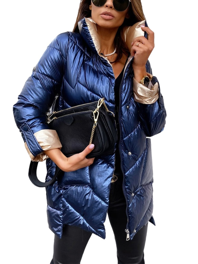 Christmas Gift Patchwork Jacket Women Oversized Female Outerwear Casual Winter Parka Cotton Padded Coat Warm Quilted Stand Collar Puffer Jacket