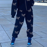 Christmas Gift 90s Streetwear Butterfly Print Fairycore Grunge Rhinestone 2 Piece Tracksuits Y2K Oversized Zippper Hoodies Sweatpant Co-ord Set