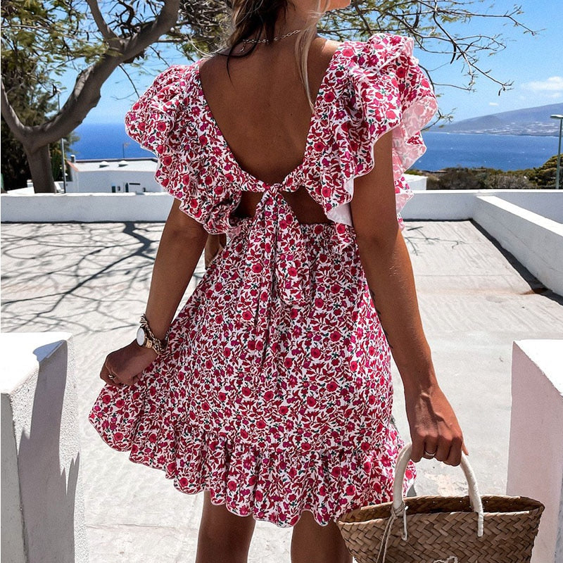 PENERAN Summer Butterfly Sleeve Floral Print Dress 2022 Women Ruffle Square Collar Back Lace-Up Sundress Boho A Line Beach Party Dress