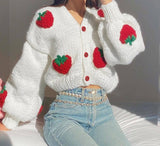 Christmas Gift  Strawberry Kintted Long Sleeve Loose Single Breasted Coat Women Autumn Fashion Thicken Warm Cardigan Sweater Streetwear