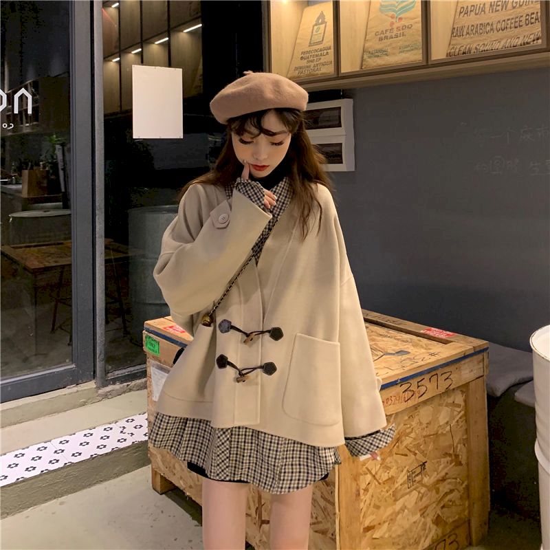 Christmas Gift Japanese Retro Design Horn Button Woolen Long-sleeved Clothes Coat Women 2021 New Korean Version Wild Loose Lady Style Pocketed