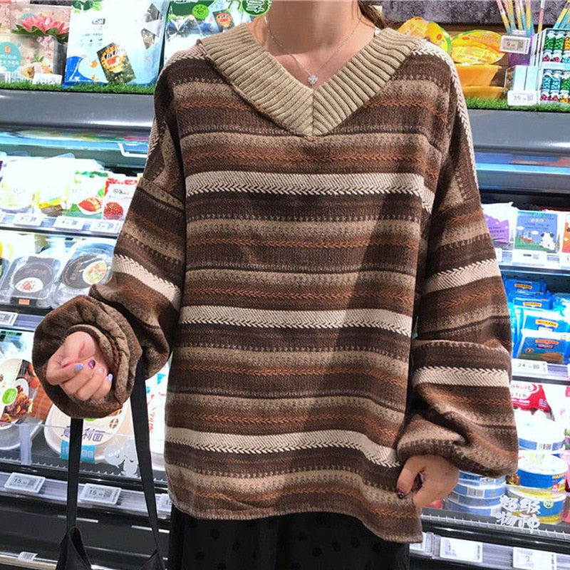 PENERAN Christmas Gift Knitted Sweaters Women Casual V Neck Stripe Pullover Sweater Autumn-winter Retro Jumper Harajuku Oversized Loose Sweater