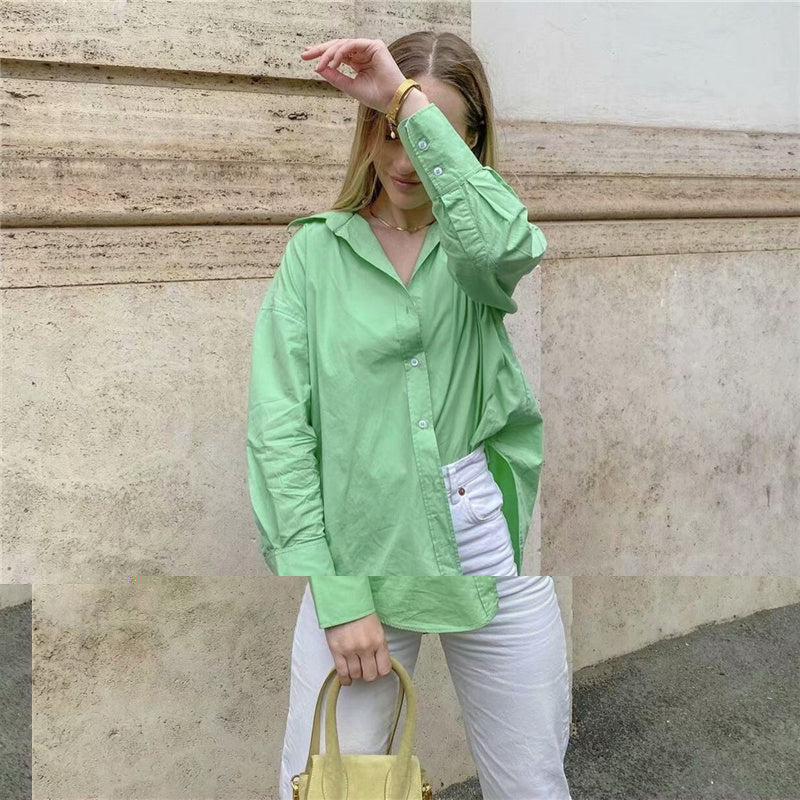 Christmas Gift Casual Woman Green Long Sleeve Loose Cotton Shirt 2021 Spring Fashion Female Soft Button Shirts Ladies Chic Oversized Tops