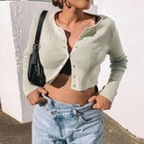 Women Summer Top, Long Sleeve Solid Color Crop Outfit, Button-Down Slim-Fit Cardigan T-Shirt, Wild Fashion Round Neck Casual Top