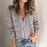 Christmas Gift Button Up Knitted Cardigan Long Sleeve Sexy Tricot Sweater Coats Women Sweater Hollow Out Low V-Neck Knitwear Tops