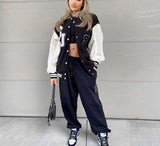 Christmas Gift  Kintted Patchwork Jackets Women Letter Print College Style Sporty Coat Autumn Casual Baseball Uniforms Loose Streetwear