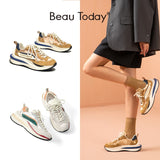 Waffle Sneakers Women Synthetic Leather Mixed Colors Lace-Up Platform Trainers Ladies Casual Shoes Handmade