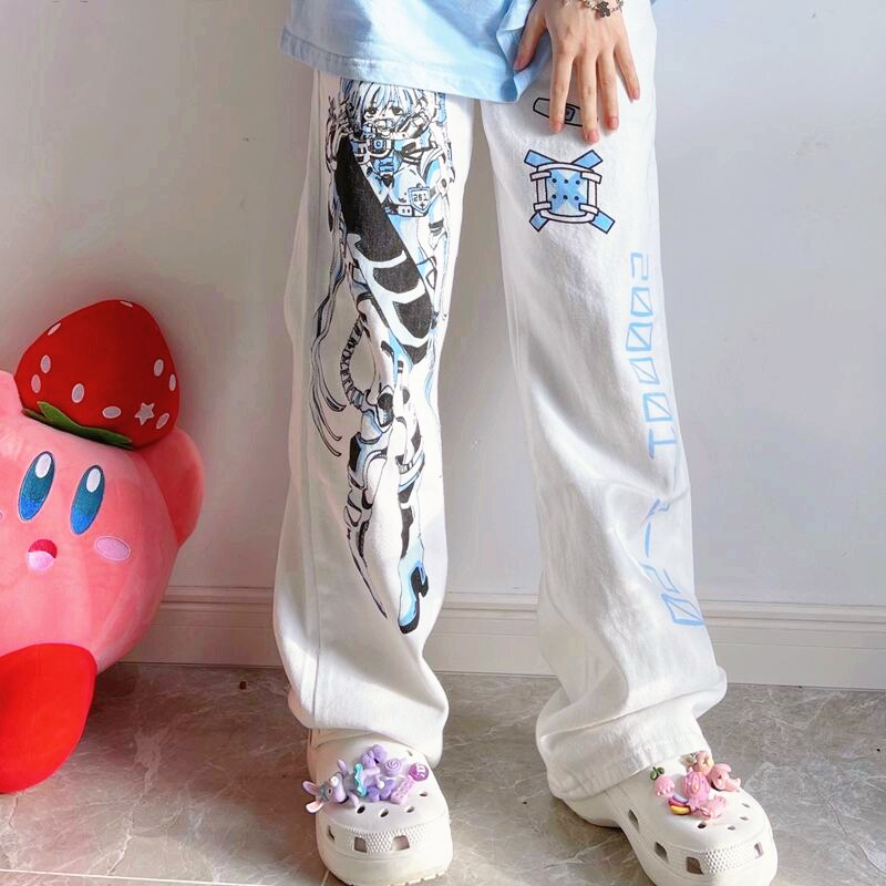 Peneran New Summer Streetwear Y2k Women Trousers Anime Cartoon Printing White Straight-leg Pants Japanese Baggy Wide Legs Pants Female