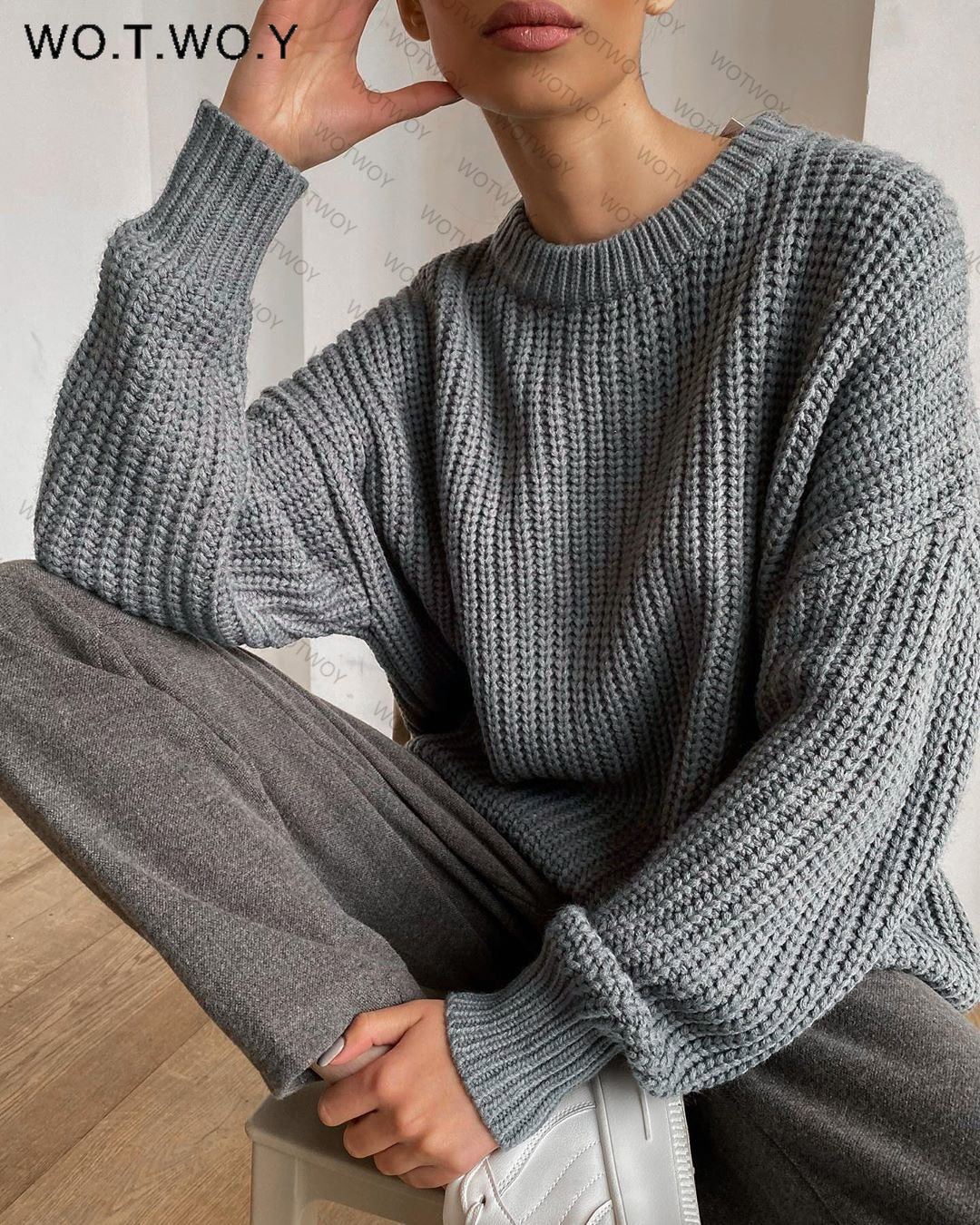 PENERAN Autumn Winter Thickening Oversized Sweater Women Long Sleeve Casual Loose Pullovers Female Cashmere Solid Knitted Tops
