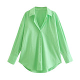 Green Blouse Female Casual Turn-down Collar Long Sleeve Single-Breasted Women Clothing Basic Asymmetric Hem Chic Shirt Top 2022
