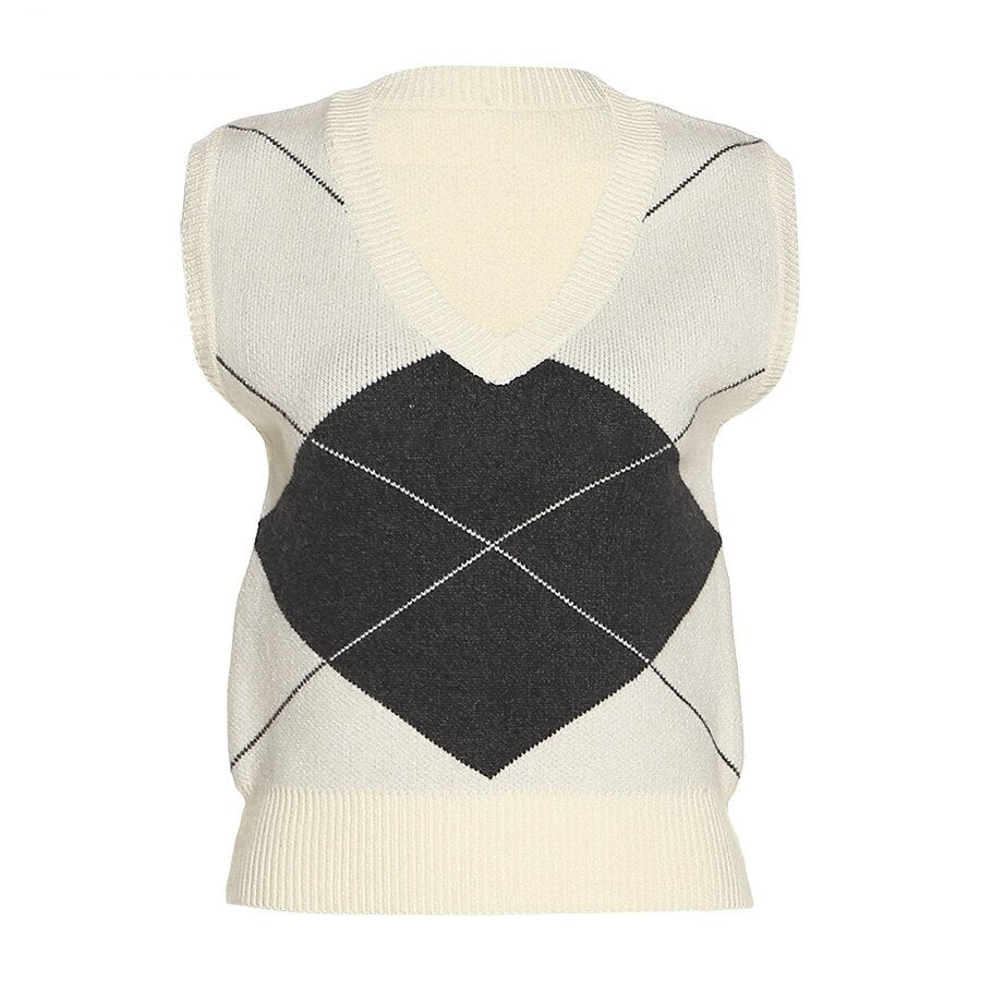 Christmas Gift  Fashion Sexy V-Neck Sleeveless Patchwork Tank Tops Sweater Women Autumn Elegant French Romantic Lady Pullover Streetwear