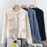 PENERAN  Cardigans Women Sweater Fashion Pearl Buttons O Neck Twisted Knitted Short Jackets Pockets Korean Warm Winter Thick Tops
