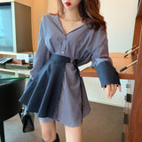 PENERAN 2022 Spring  Summer  Fashion Women Korean Version Of The Retro Lace Dress + Stitching Stripe Shirt  2-Piece Sets