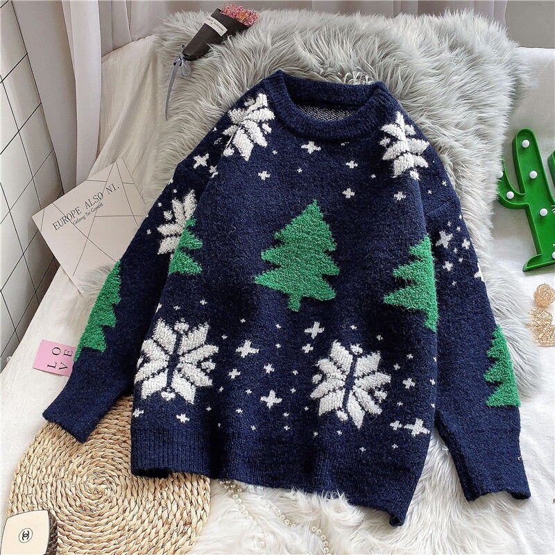 Christmas Gift Red Christmas Snowflake Pullover Sweater Women Winter New Thicken Casual Soft Loose Round Neck Long Sleeves Knitted Sweaters